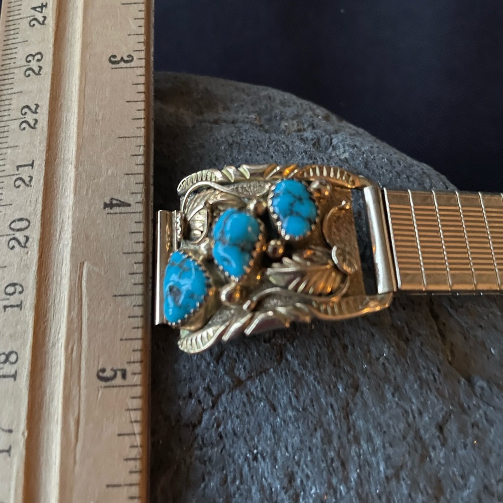 Gold 14K Native American Turquoise Vintage Watch Tips signed Walley - Picture 5 of 15